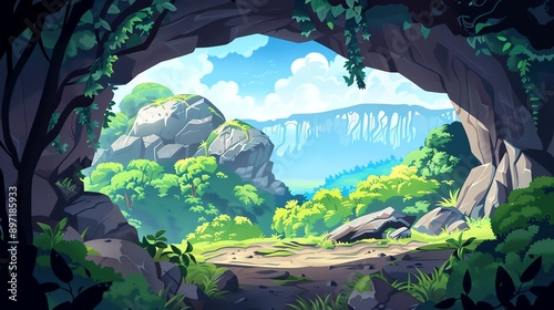 A cartoon illustration of a cave opening with a forest and waterfall in the background.