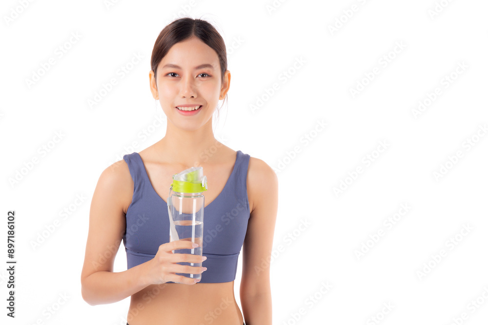 Fit portrait young asian woman smile taking a break from workout holding a clear water bottle isolated white background, active woman resting with water bottle, sport for health care. Fit portrait young asian woman smile taking a break from workout holding a clear water bottle isolated white background, active woman resting with water bottle, sport for health care.