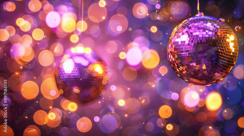 Disco scene with purple and gold lit disco balls Disco scene with purple and gold lit disco balls