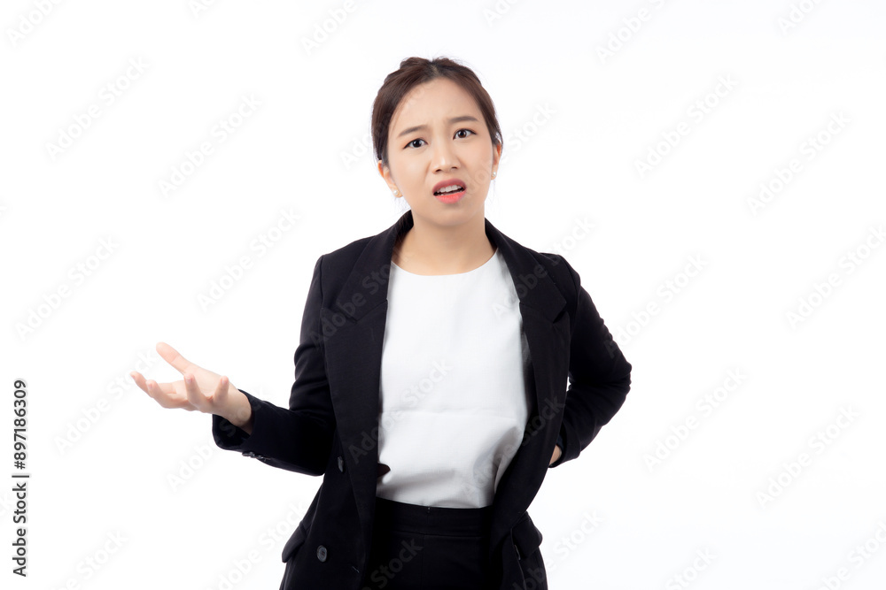 Portrait young asian businesswoman standing with angry and stress while frustrated isolated white background, business woman with emotion and expression negative, businesswoman upset and unhappy. Portrait young asian businesswoman standing with angry and stress while frustrated isolated white background, business woman with emotion and expression negative, businesswoman upset and unhappy.