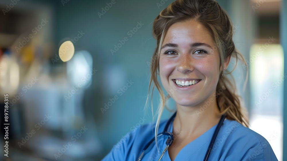 Fototapeta premium A female nurse with a warm smile wearing blue scrubs and a stethoscope.