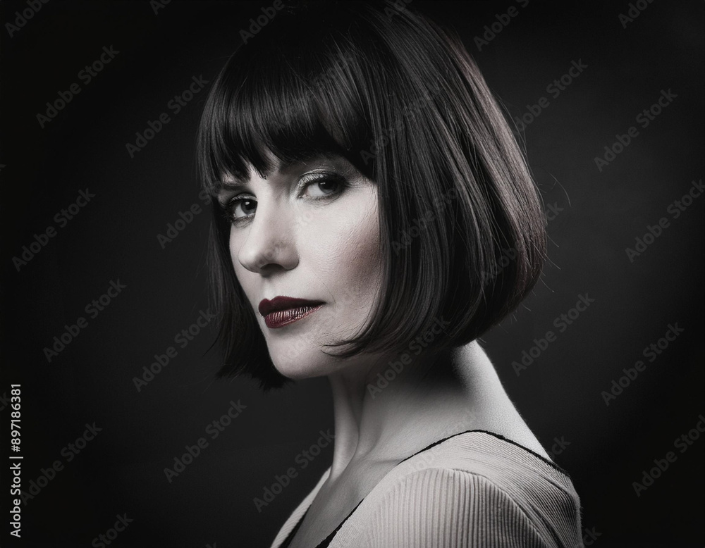 Elegant Film Noir Headshot of a Woman: Timeless Vintage Portrait with Dramatic Lighting and Shadows Elegant Film Noir Headshot of a Woman: Timeless Vintage Portrait with Dramatic Lighting and Shadows