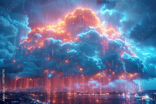 Fluffy Cloud Raining Binary Code Over Cityscape