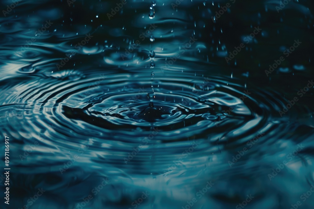 Close-up of water droplets falling into a puddle, illustrating the patterns and beauty of raindrops on a water surface. Close-up of water droplets falling into a puddle, illustrating the patterns and beauty of raindrops on a water surface.