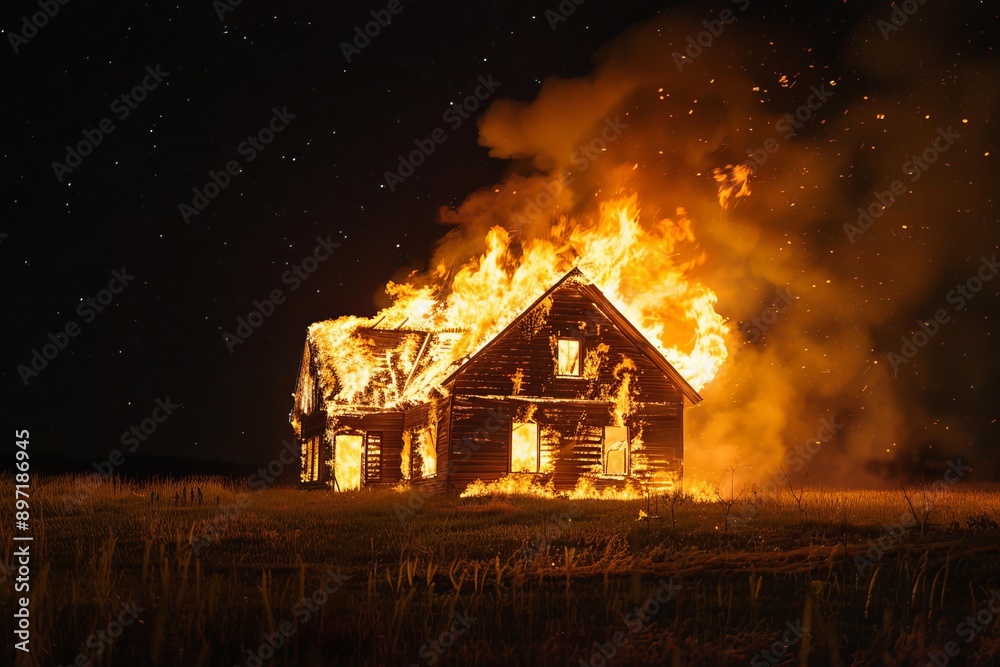 Wooden house is burning fiercely, engulfed in flames against a backdrop of a starry night sky Wooden house is burning fiercely, engulfed in flames against a backdrop of a starry night sky