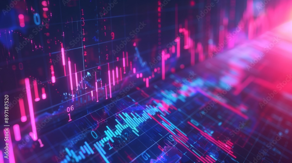 Abstract financial stock market data visualization with neon lights, showing rising and falling trends. Abstract financial stock market data visualization with neon lights, showing rising and falling trends.