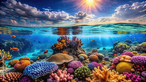 Vibrant coral reef in clear ocean waters, underwater, marine life, colorful, ecosystem, tropical, aquatic © Pranee