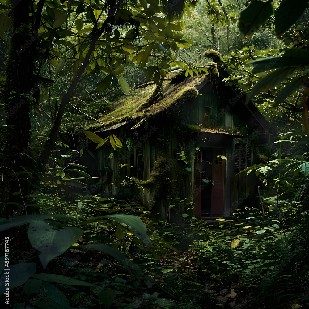 A jungle hut overgrown with foliage A jungle hut overgrown with foliage