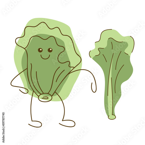 Cute lettuce character and greenery. Vector hand drawn illustration.