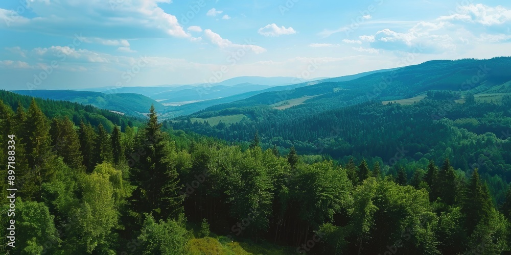 A beautiful mountain range with a clear blue sky. The trees are lush and green, and the view is breathtaking A beautiful mountain range with a clear blue sky. The trees are lush and green, and the view is breathtaking