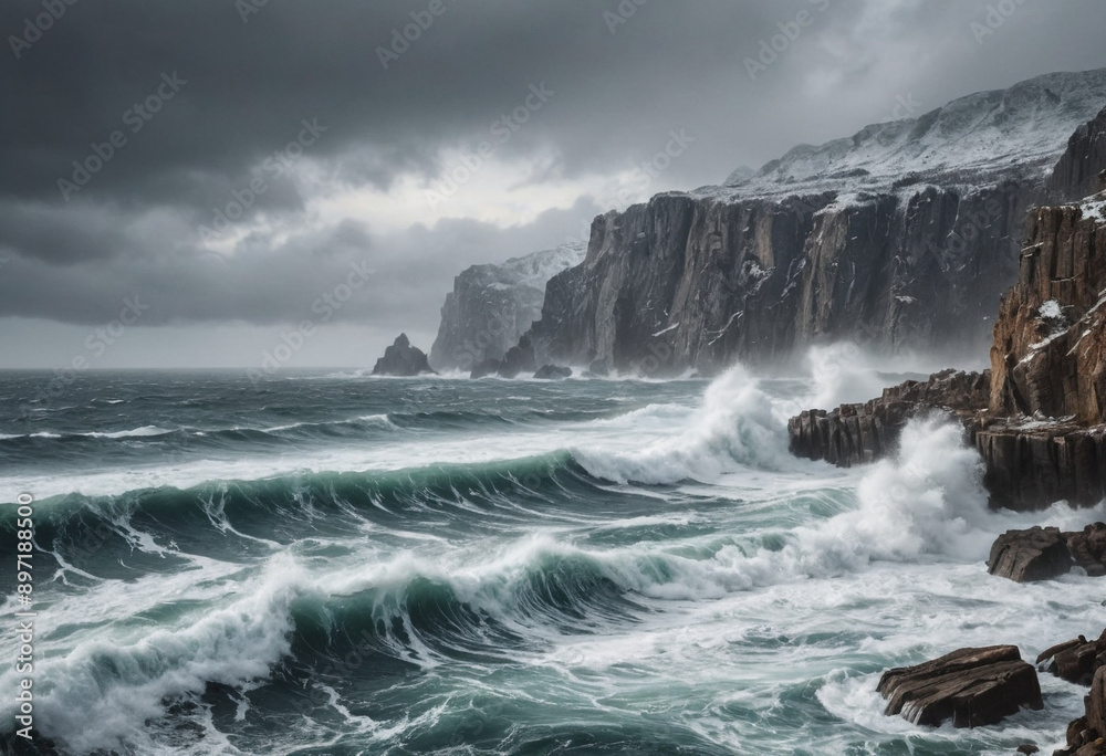 Dramatic seascape with crashing waves against rocky cliffs during winter storm. Dramatic seascape with crashing waves against rocky cliffs during winter storm.