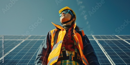 Worker wearing safety gear standing in front of solar panels on a sunny day. photo