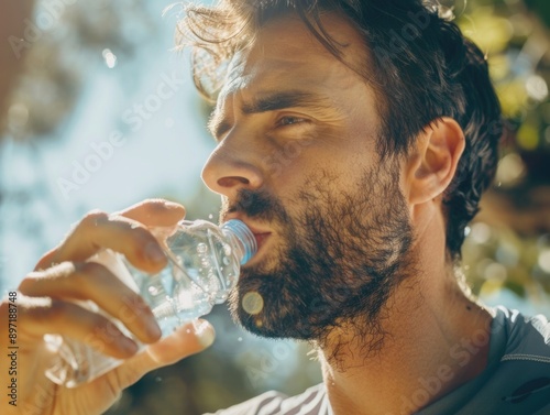 Man drinking water from a bottle while outdoors. Focus on fitness, hydration, and healthy lifestyle choices.