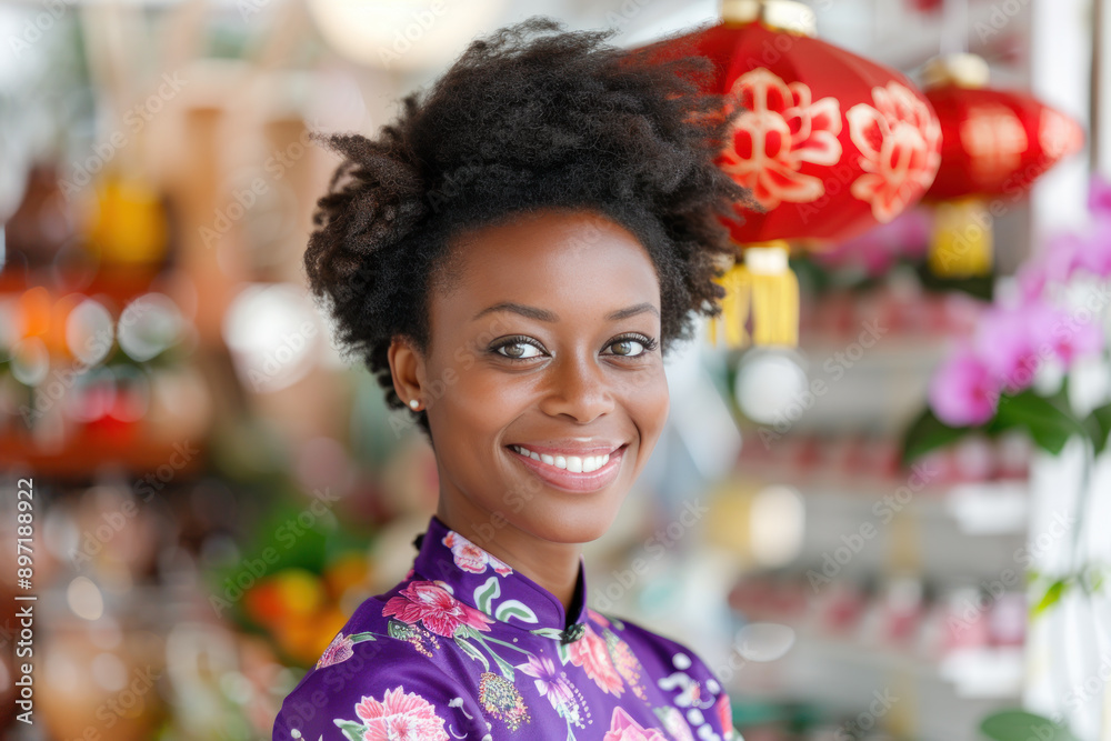 Afro female wearing purple cheongsam in lunar new year festival event Afro female wearing purple cheongsam in lunar new year festival event