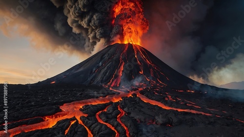 Dynamic Illustration of Erupting Lava Featuring Volcanic Activity and Fiery Lava Flows for Geology and Science