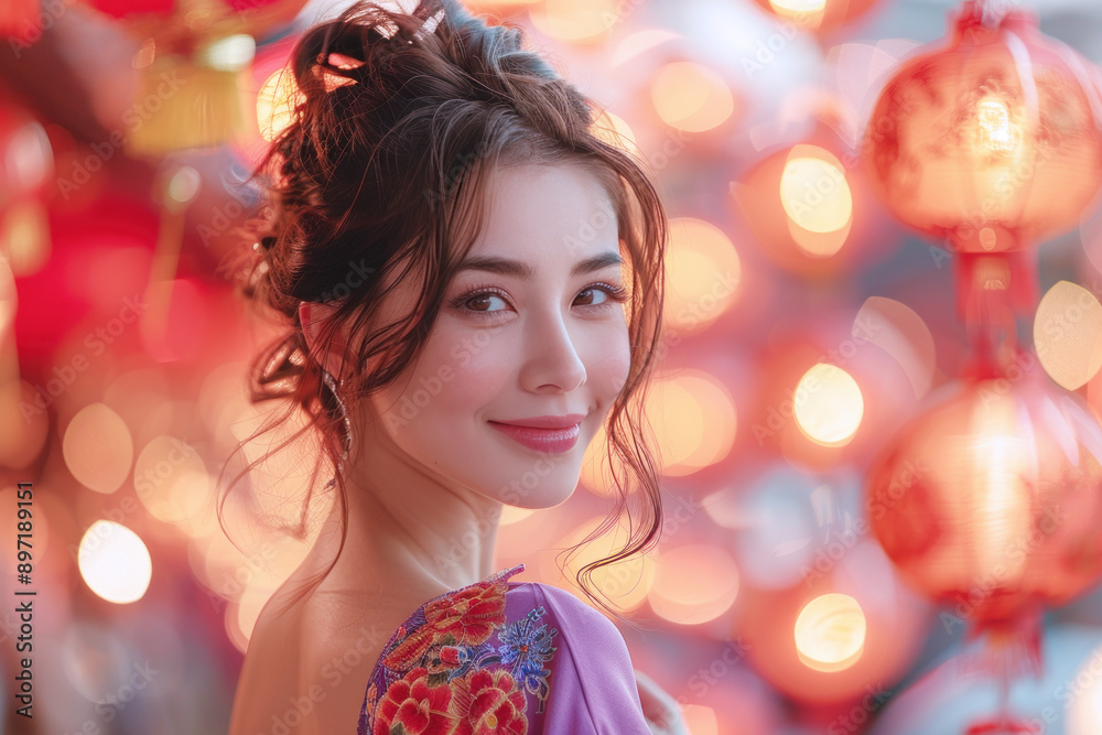 Naklejka premium Australian female wearing purple cheongsam in lunar new year festival event
