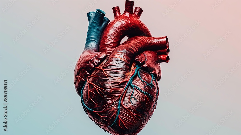 Detailed anatomical illustration of a human heart with blood vessels on ...