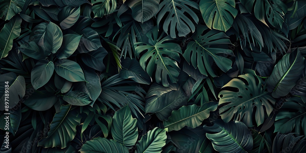 Dark green jungle background with leaves and foliage, green leaves with varying shades, creating a lush and vibrant texture and depth Dark green jungle background with leaves and foliage, green leaves with varying shades, creating a lush and vibrant texture and depth