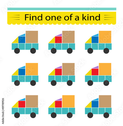 Fun education game for kids. Need to find one of a kind truck. Kids activity page.