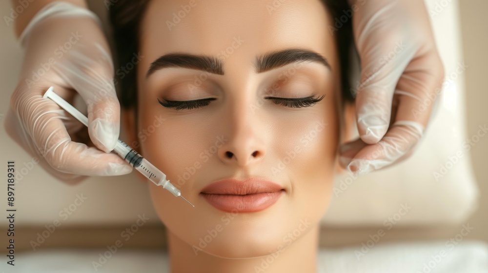 Woman receiving cosmetic facial treatment with syringe in clinical setting. Woman receiving cosmetic facial treatment with syringe in clinical setting.