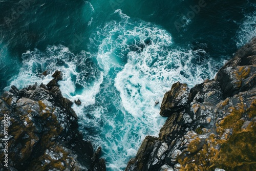 This photo captures a breathtaking view of the ocean from a cliff, showcasing the vast expanse of water and the rocky terrain, Drone view of the roaring sea and rocky landscape, AI Generated
