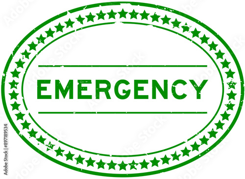 Grunge green emergency word oval rubber seal stamp on white background