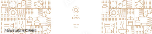 Hand drawn illustration of Bakery and Coffee. Icons. Abstract geometric line background. Gold luxury. Pattern for cover design, food package, menu, background, café wall, coffee shop, web banner