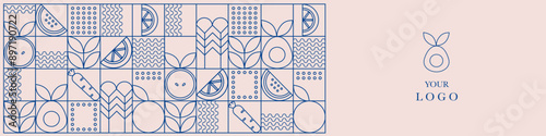 Line geometric mosaic seamless pattern illustration. Organic fruit vegetable geometric pattern. Natural food background creative simple bauhaus style, agriculture vector design. Healthy Food pattern