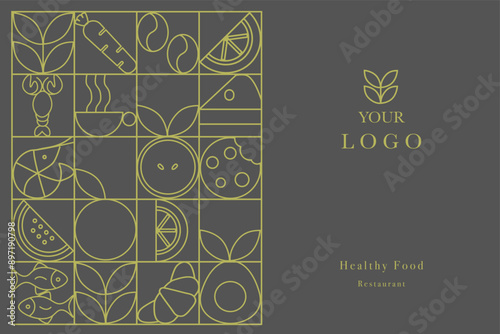 Hand drawn illustration. Organic fruit, vegetable, fish, seafood, coffee and bakery geometric pattern. Abstract geometric line background. Gold luxury  Healthy Food pattern