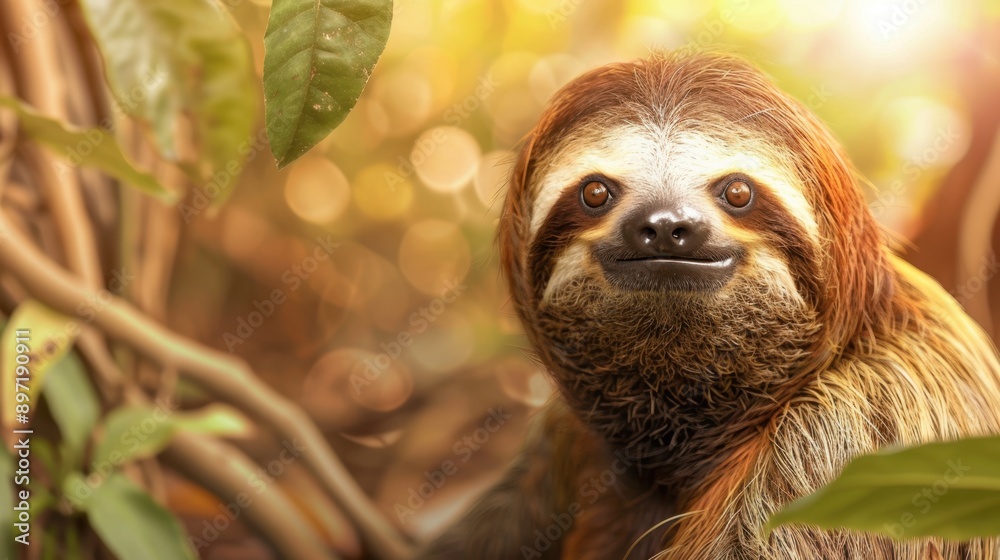 Naklejka premium Serene Sloth Enjoying Sunny Day in Lush Rainforest