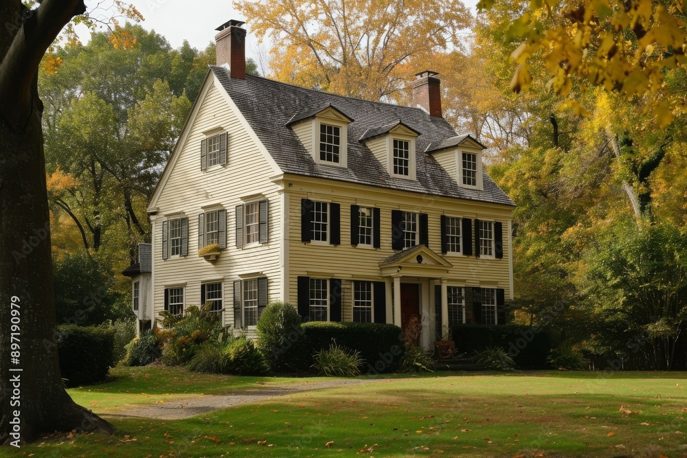A photo capturing a grand white house nestled amidst a vibrant autumn forest with an array of colorful trees, Early American colonial houses, AI Generated A photo capturing a grand white house nestled amidst a vibrant autumn forest with an array of colorful trees, Early American colonial houses, AI Generated