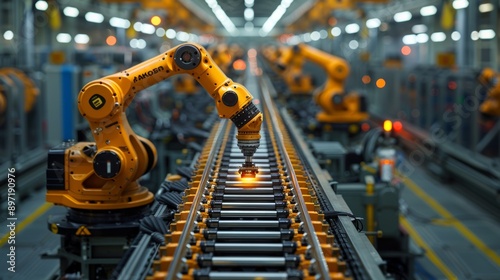 A Yellow Industrial Robot Working on an Assembly Line in a Modern Factory