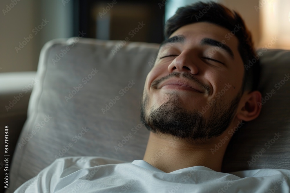 Obraz premium A man lying on a couch, eyes closed in contentment.