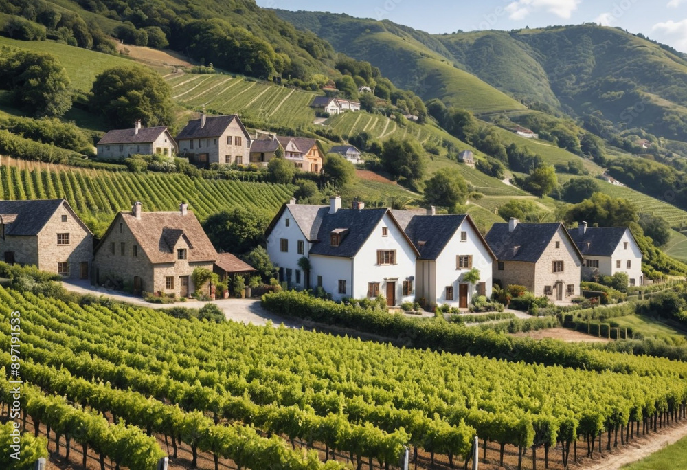  Charming village nestled amongst rolling hills with vineyards and cottages. 