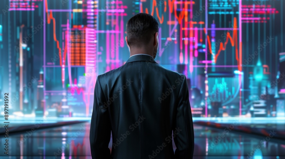 A man in suit stands with his back to the camera, looking at stock market charts on digital screens.