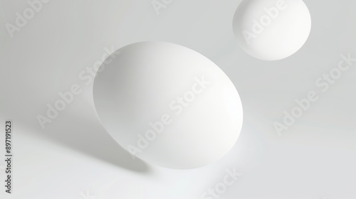 all white round floating object, irregular shape with rounded matte texture, artistic design, blurred foreground, white empty space