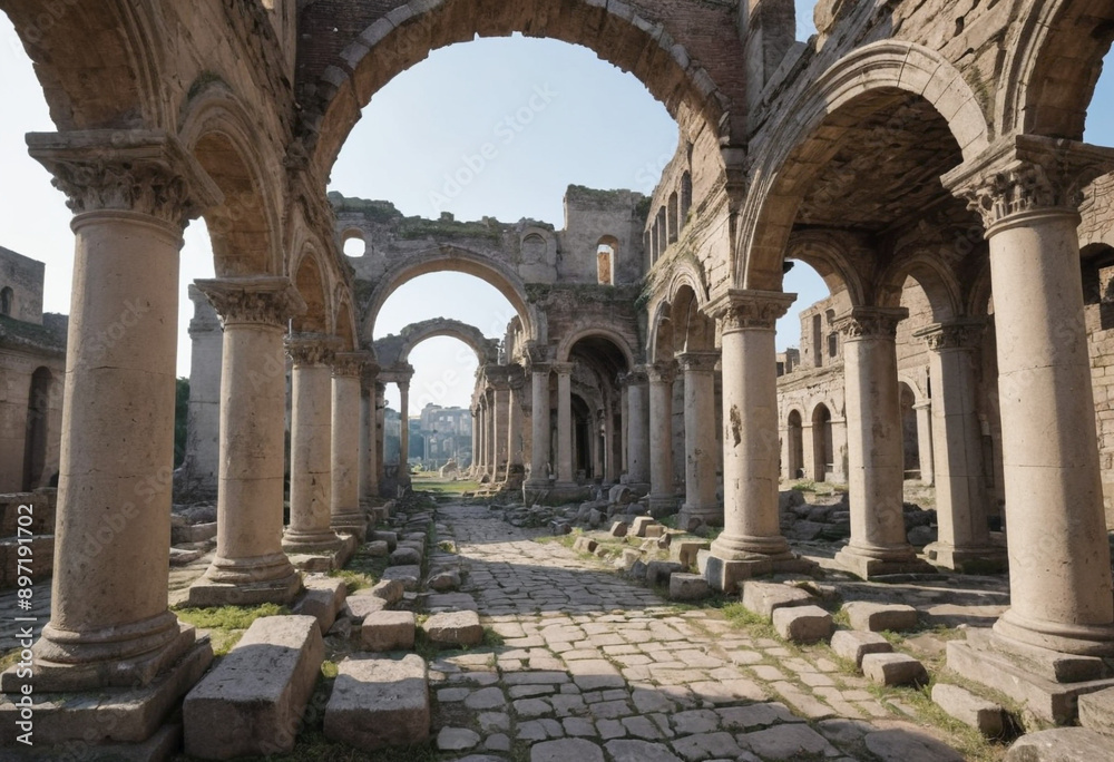 Ruins of an ancient Roman city with crumbling arches and columns. Ruins of an ancient Roman city with crumbling arches and columns.