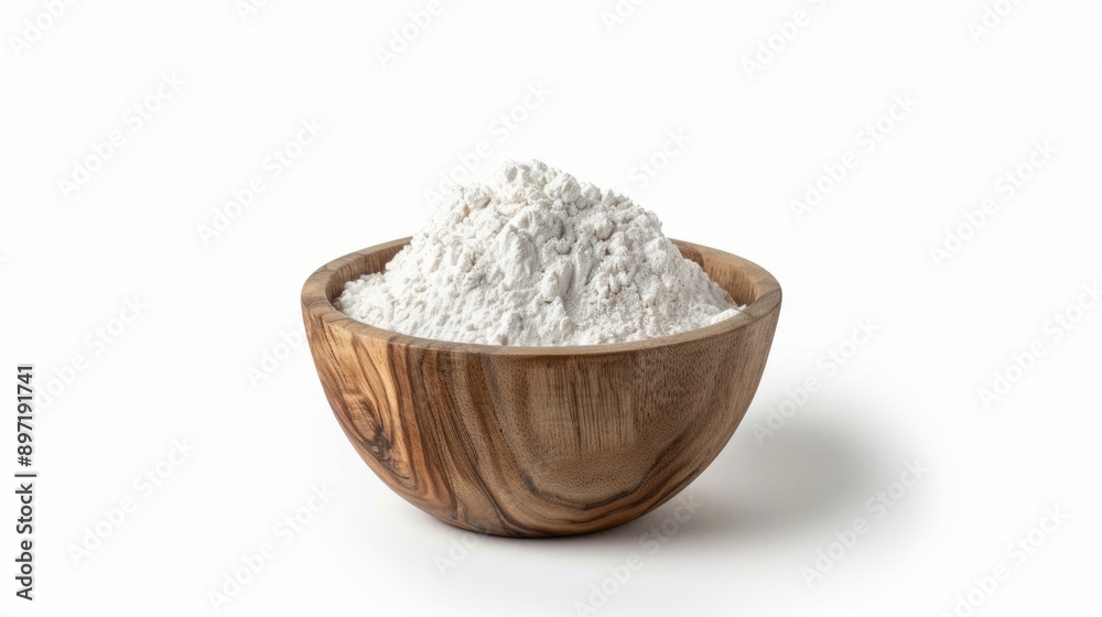 A natural wooden bowl containing fine white flour, suitable for baking or cooking. A natural wooden bowl containing fine white flour, suitable for baking or cooking.