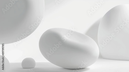 all white round floating object, irregular shape with rounded matte texture, artistic design, blurred foreground, white empty space