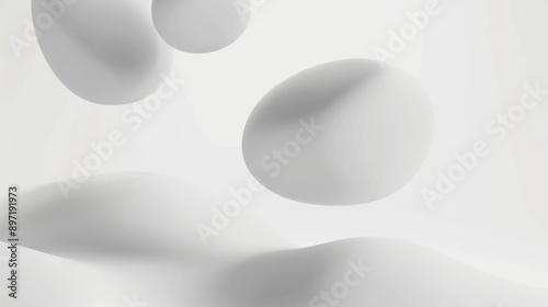 all white round floating object, irregular shape with rounded matte texture, artistic design, blurred foreground, white empty space