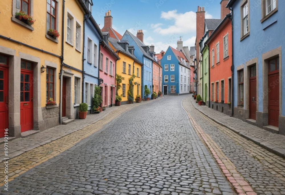 Obraz premium Charming cobblestone street winding through a historic town with colorful buildings. 