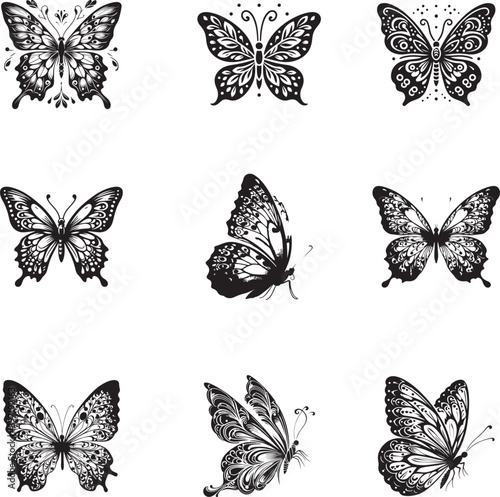 An exquisite collection of butterfly vectors, featuring intricate ornamentation. These elegant designs capture the delicate beauty of butterflies in silhouette.