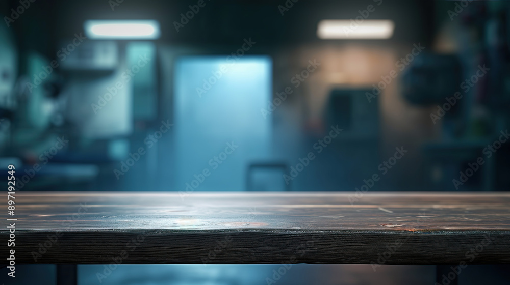 close up of empty table with blurred dark abandoned hospital corridor hall background close up of empty table with blurred dark abandoned hospital corridor hall background