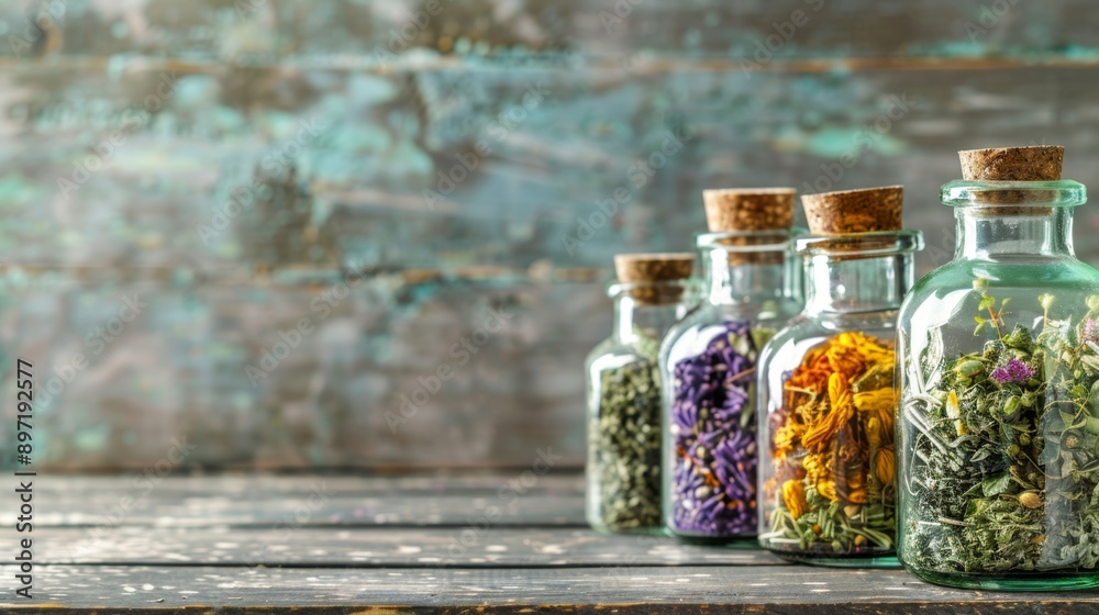 Rustic Glass Jars with Dried Herbs on Wooden Surface