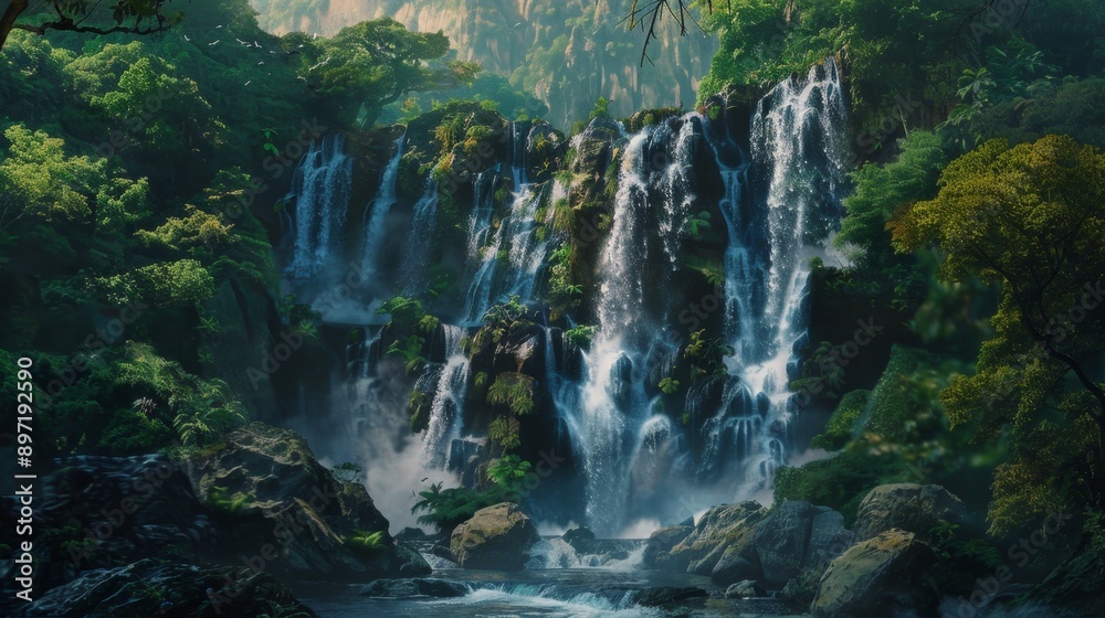 18 Waterfall cascading down a rocky cliff Lush green forest surrounding the waterfall 18 Waterfall cascading down a rocky cliff Lush green forest surrounding the waterfall