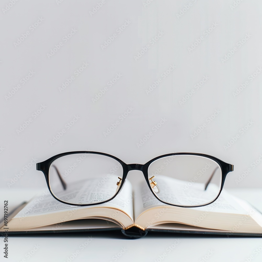 Black eyeglasses rest on an open book against a white background. Generative AI Black eyeglasses rest on an open book against a white background. Generative AI