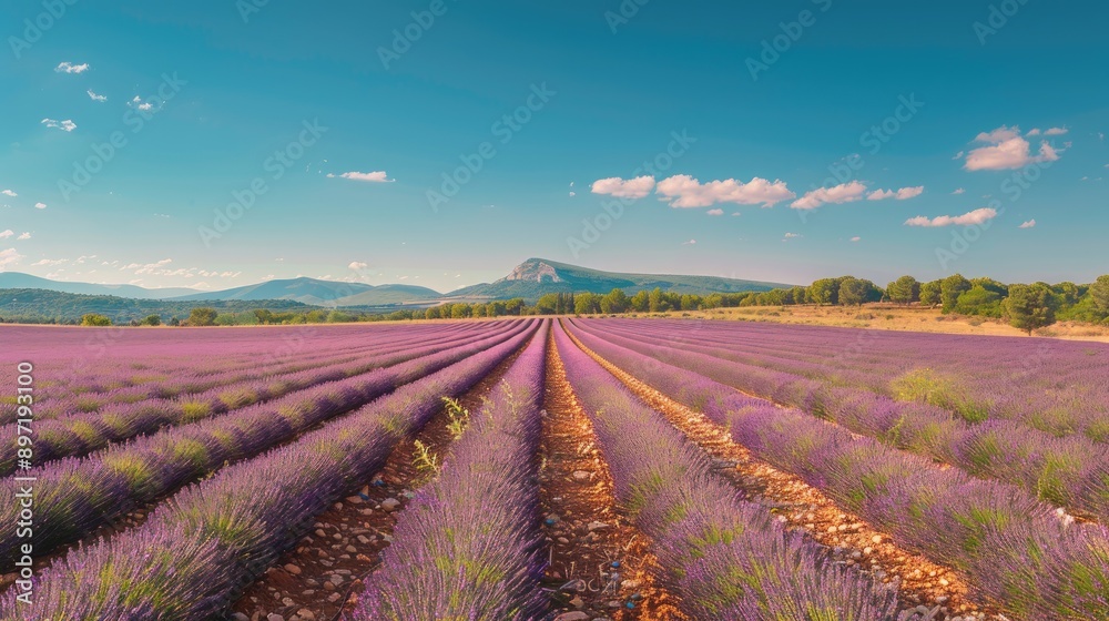 A wide-angle shot of the vibrant lavender fields in Provence, France, under a clear blue sky. A wide-angle shot of the vibrant lavender fields in Provence, France, under a clear blue sky.
