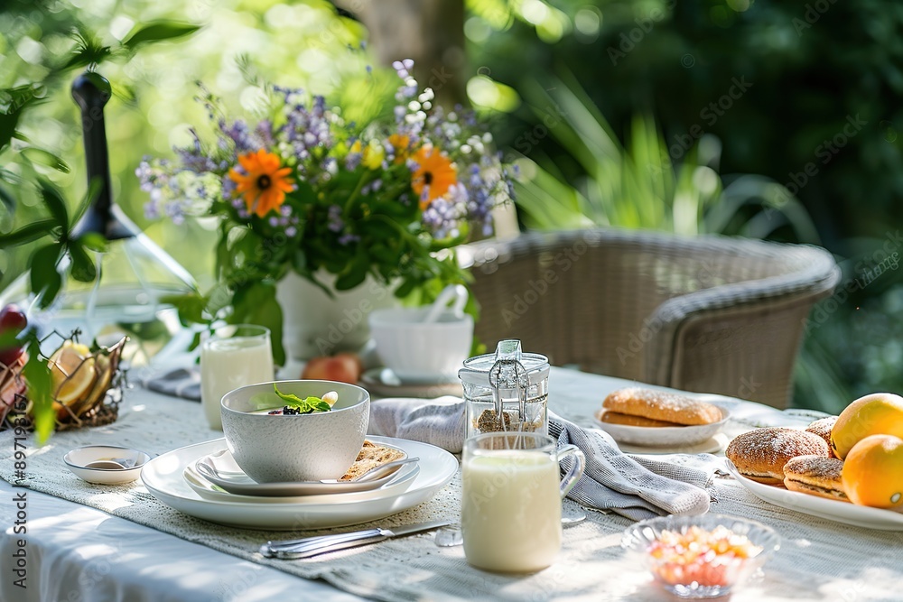 Sunlit outdoor breakfast setup with rustic charm Sunlit outdoor breakfast setup with rustic charm