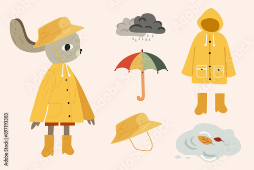 Autumn season clothes set and flat cute gray rabbit in autumn clothes. Clothing and items for rainy weather. Rubber boots, raincoat, panama, umbrella and animal