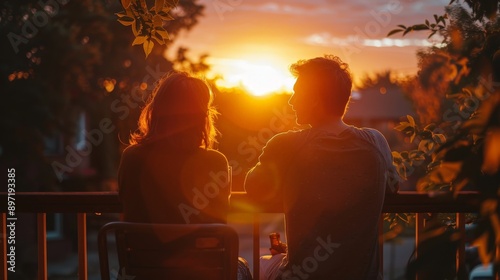 A couple watching the sunrise from their balcony, peaceful morning